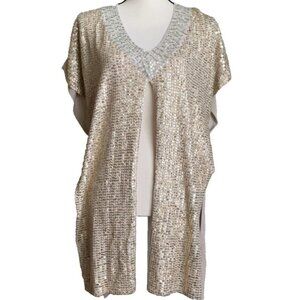 Chico’s Gold/Silver Sequin Embellished Poncho Cardigan Topper Vest Glam Sparkle